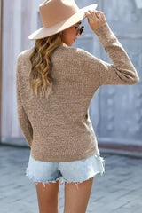 Fashion Khaki Deep V-neck Long Sleeve Knit Sweater - Femstylo