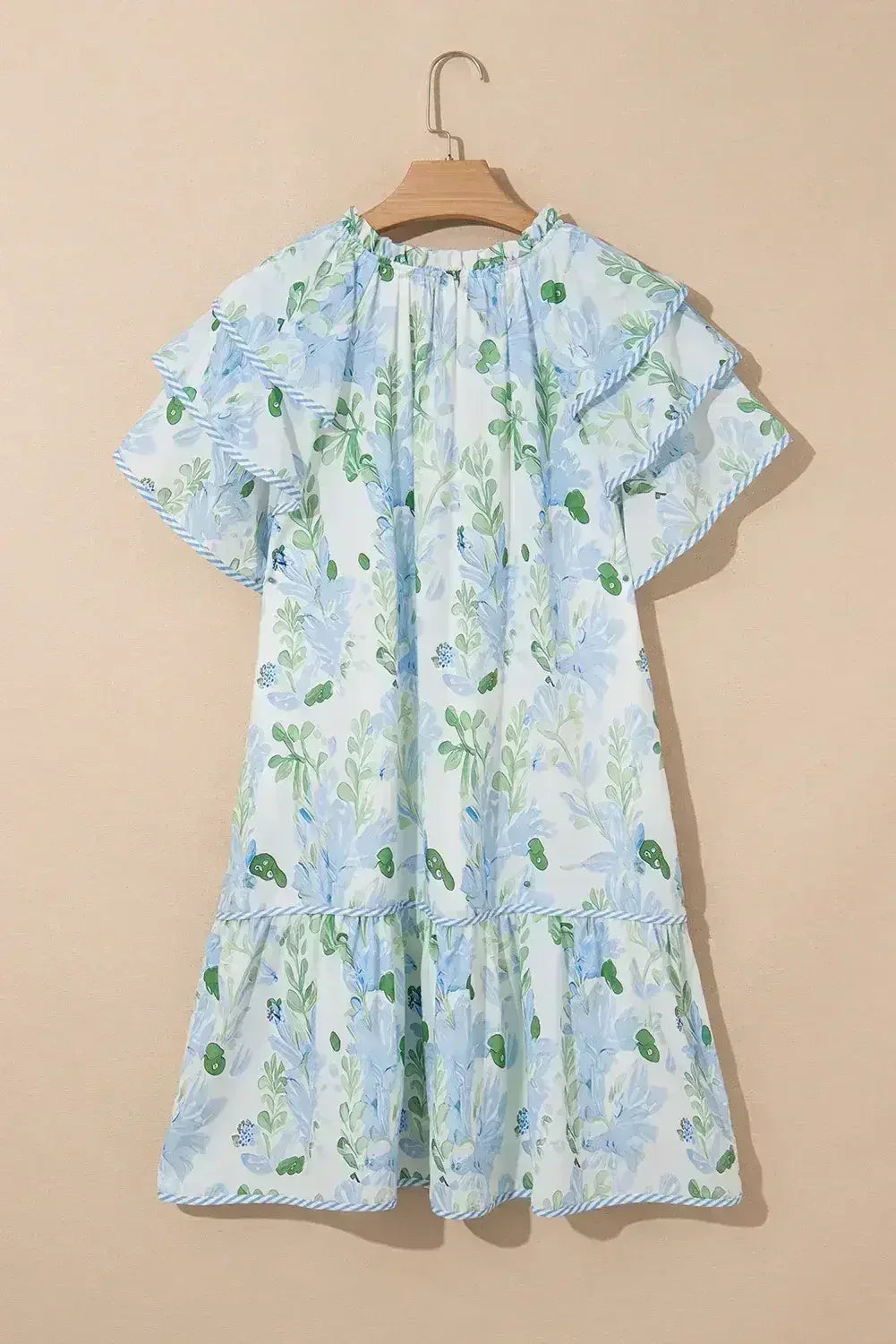 Sky Blue Floral Contrast Edge Ruffle Sleeve Tie Neck Mini Dress - Femstylo