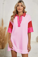White Stripe Colorblock Sleeve Collared Pop of Color Neckline Dress