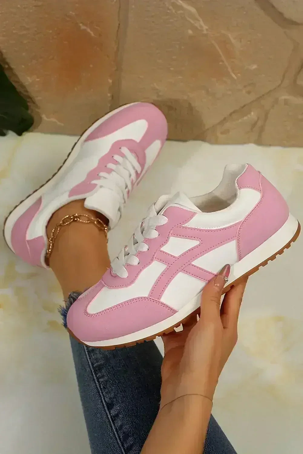 Oatmeal Contrast Lace Up Round Toe Sneakers - Femstylo