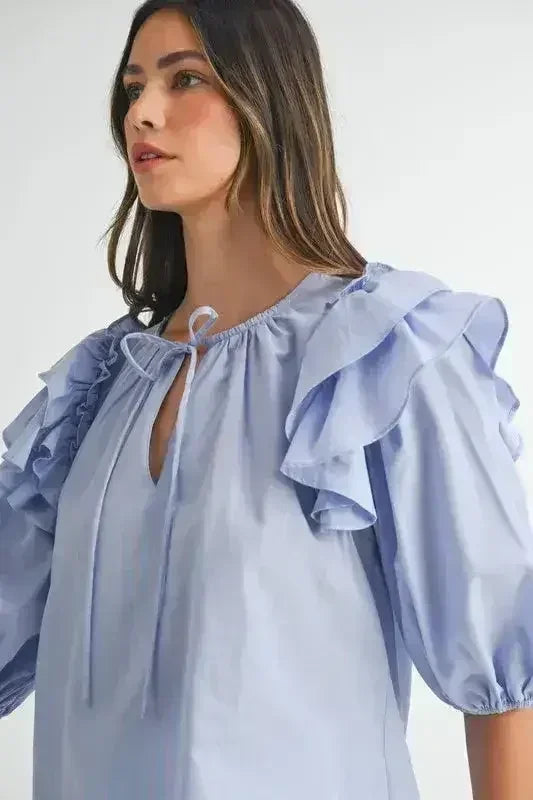 MABLE Stripe Ruffle Shoulder Puff Sleeve Blouse | Femstylo - Femstylo