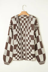 Taupe Colorblock Checked Open Front Knitted Cardigan