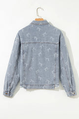 Sky Blue Bow Print Light Wash Raw Hem Denim Jacket
