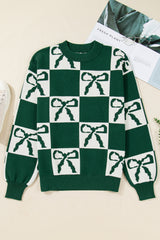 Blackish Green Bow Print Checkered Knit Sweater