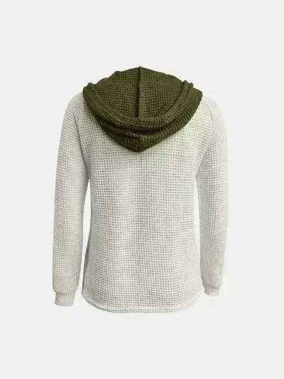 Full Size Waffle-Knit Contrast Long Sleeve Hoodie - Femstylo