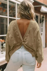 Khaki Exposed Seam Twist Open Back Oversized Sweatshirt - Femstylo