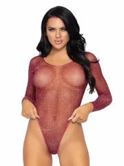 Rhinestone Snap Crotch Bodysuit - One Size - Burgundy - Femstylo