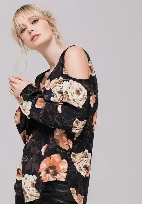 Women's Floral Print Long Sleeve Open Shoulder Top - Femstylo
