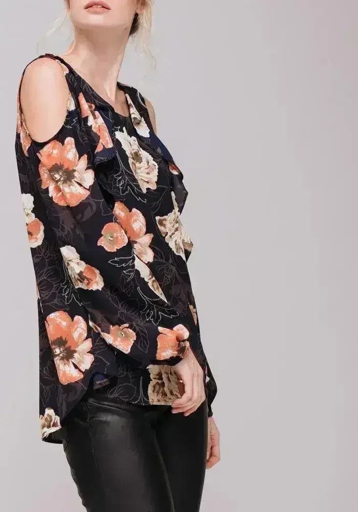 Women's Floral Print Long Sleeve Open Shoulder Top - Femstylo