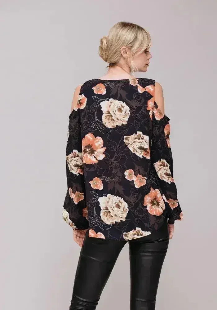 Women's Floral Print Long Sleeve Open Shoulder Top - Femstylo