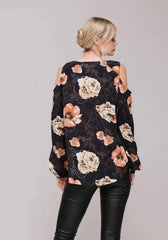 Women's Floral Print Long Sleeve Open Shoulder Top - Femstylo