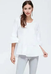 Women's Ruffle Hem Crew Neck Top In White - Femstylo