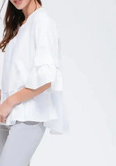 Women's Ruffle Hem Crew Neck Top In White - Femstylo