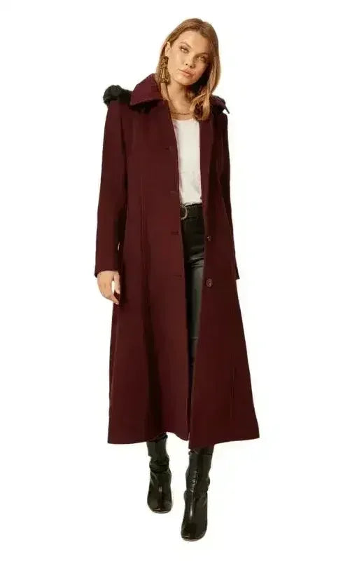 Wool Blend Faux Fur Trim Hooded Long Coat - Femstylo