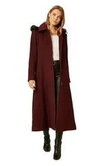 Wool Blend Faux Fur Trim Hooded Long Coat - Femstylo