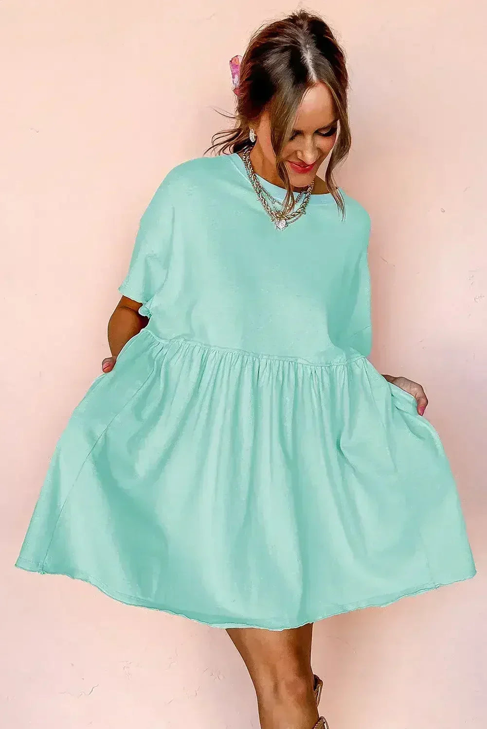 Sky Blue Solid Color Pocket Raw Edge Babydoll Dress - Femstylo