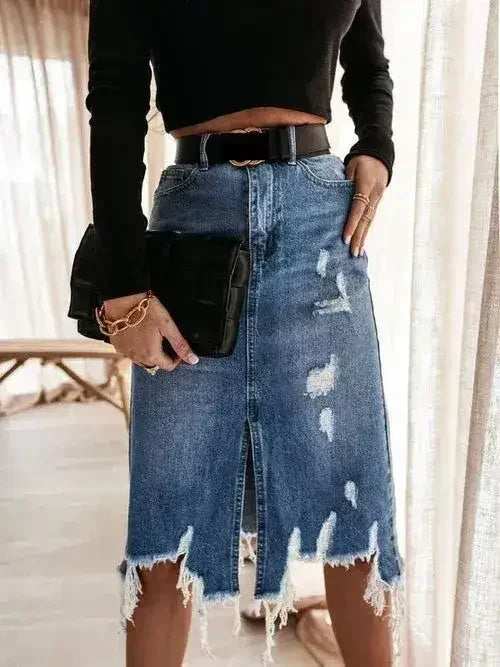 Distressed denim midi skirt - Femstylo