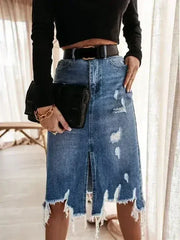 Distressed denim midi skirt - Femstylo