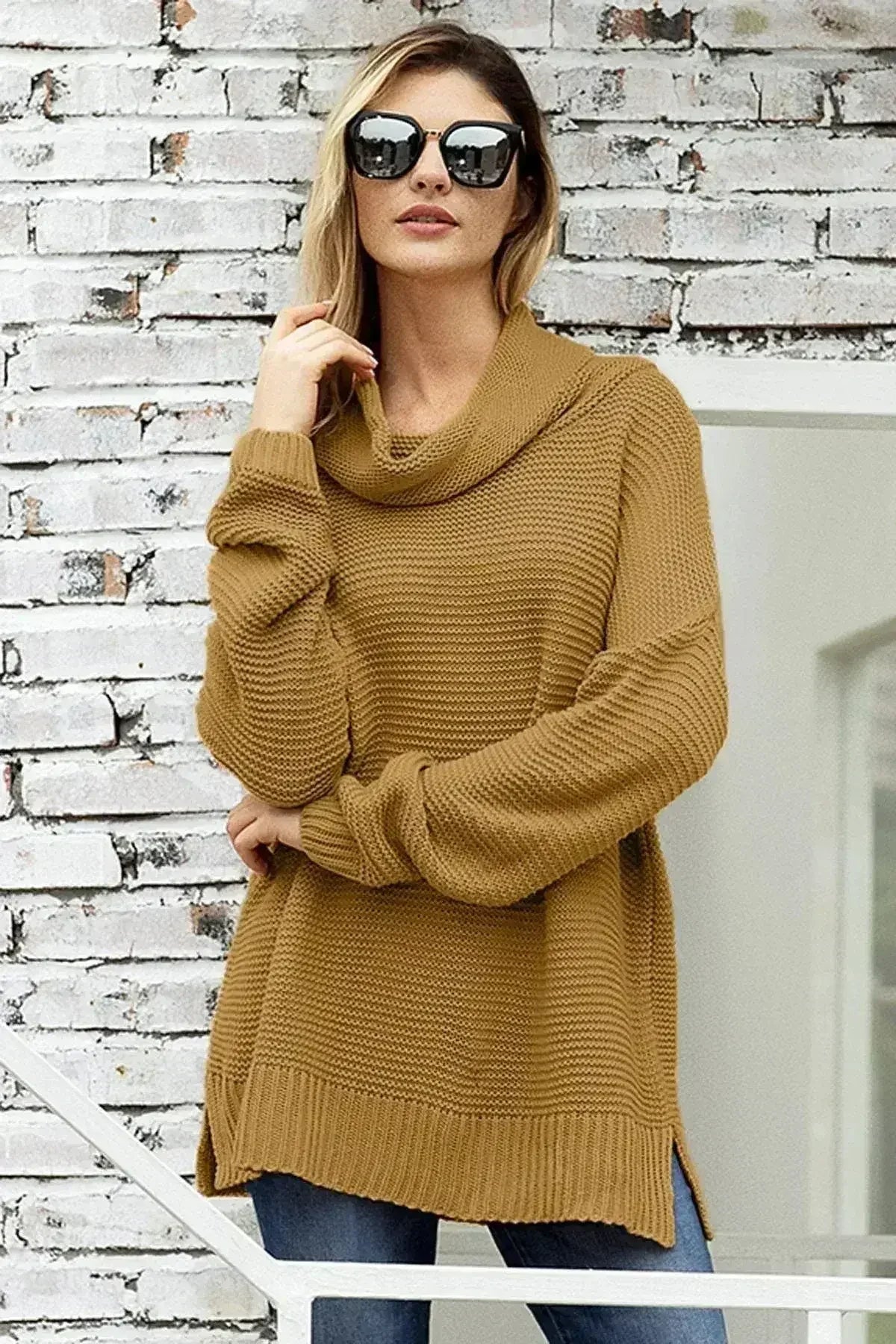 Fashion Khaki Cozy Long Sleeves Turtleneck Sweater - Femstylo