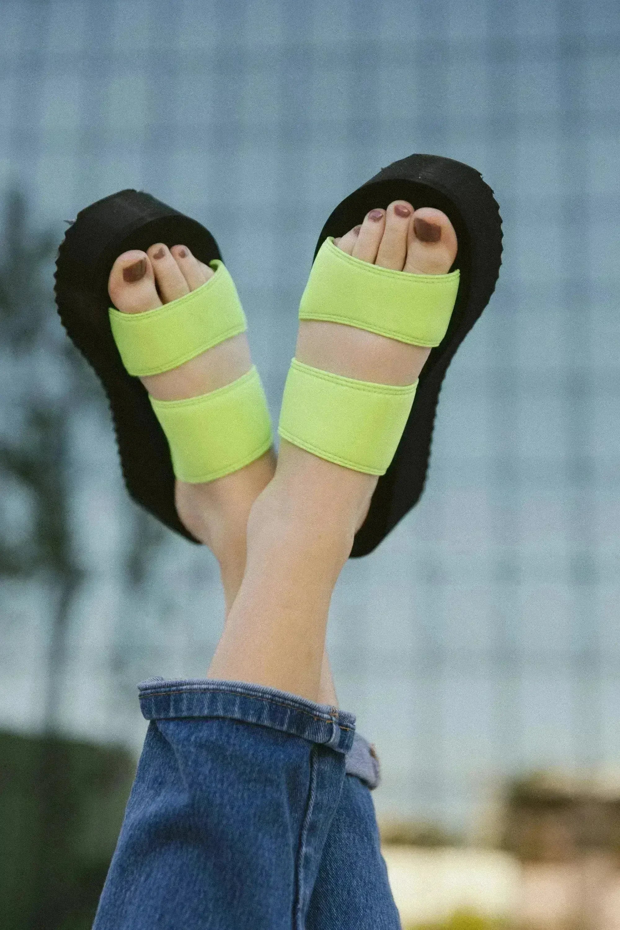 Women's Platform Sandal 2 Band Neon Green - Femstylo