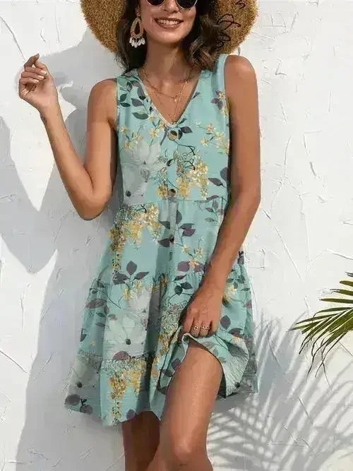 Printed V-Neck Mini Dress – Sleeveless & Button Detail - Femstylo