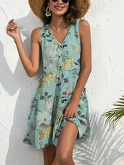Printed V-Neck Mini Dress – Sleeveless & Button Detail - Femstylo