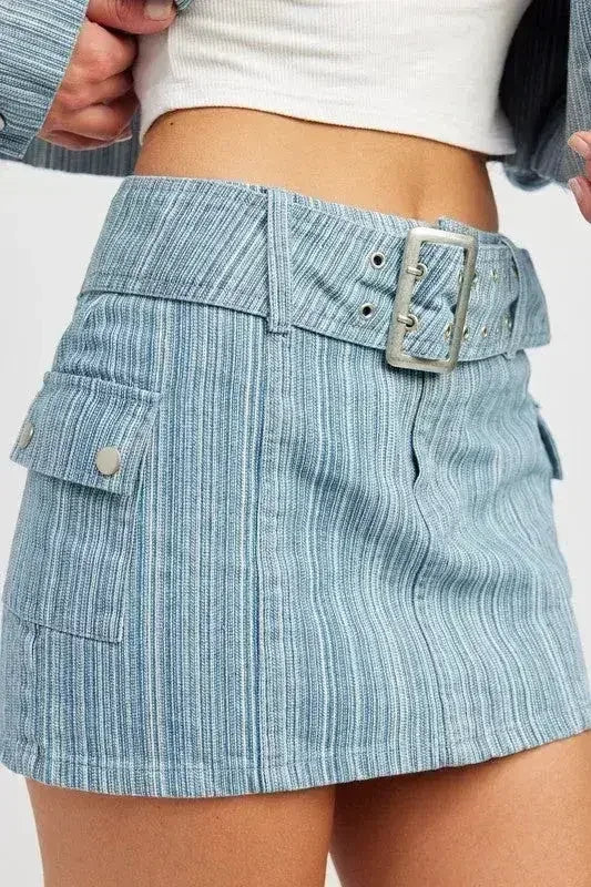 BELTED MINI DENIM SKIRT - Femstylo