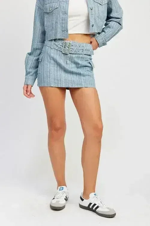 BELTED MINI DENIM SKIRT - Femstylo