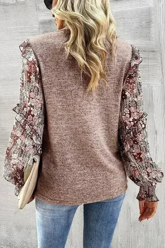 Ruffle Tiered Floral Sleeve Crew Neck Blouse - Femstylo