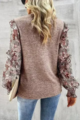 Ruffle Tiered Floral Sleeve Crew Neck Blouse - Femstylo