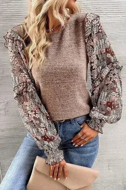 Ruffle Tiered Floral Sleeve Crew Neck Blouse - Femstylo