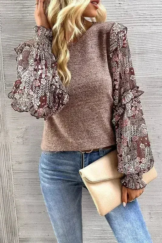 Ruffle Tiered Floral Sleeve Crew Neck Blouse - Femstylo
