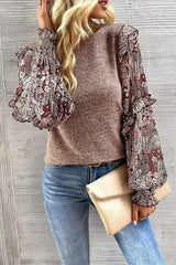 Ruffle Tiered Floral Sleeve Crew Neck Blouse - Femstylo