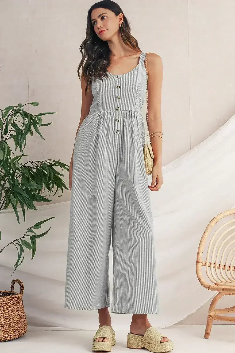 Black Stripe Half Buttoned Sleeveless Wide Leg Jumpsuit - Femstylo