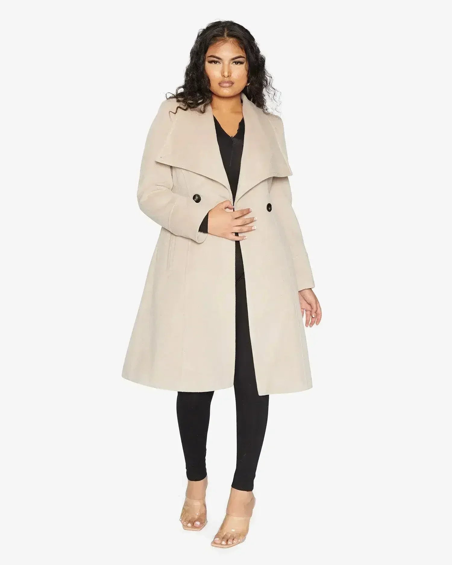 Waterfall Lapel Double Breasted Duster Coat - Femstylo
