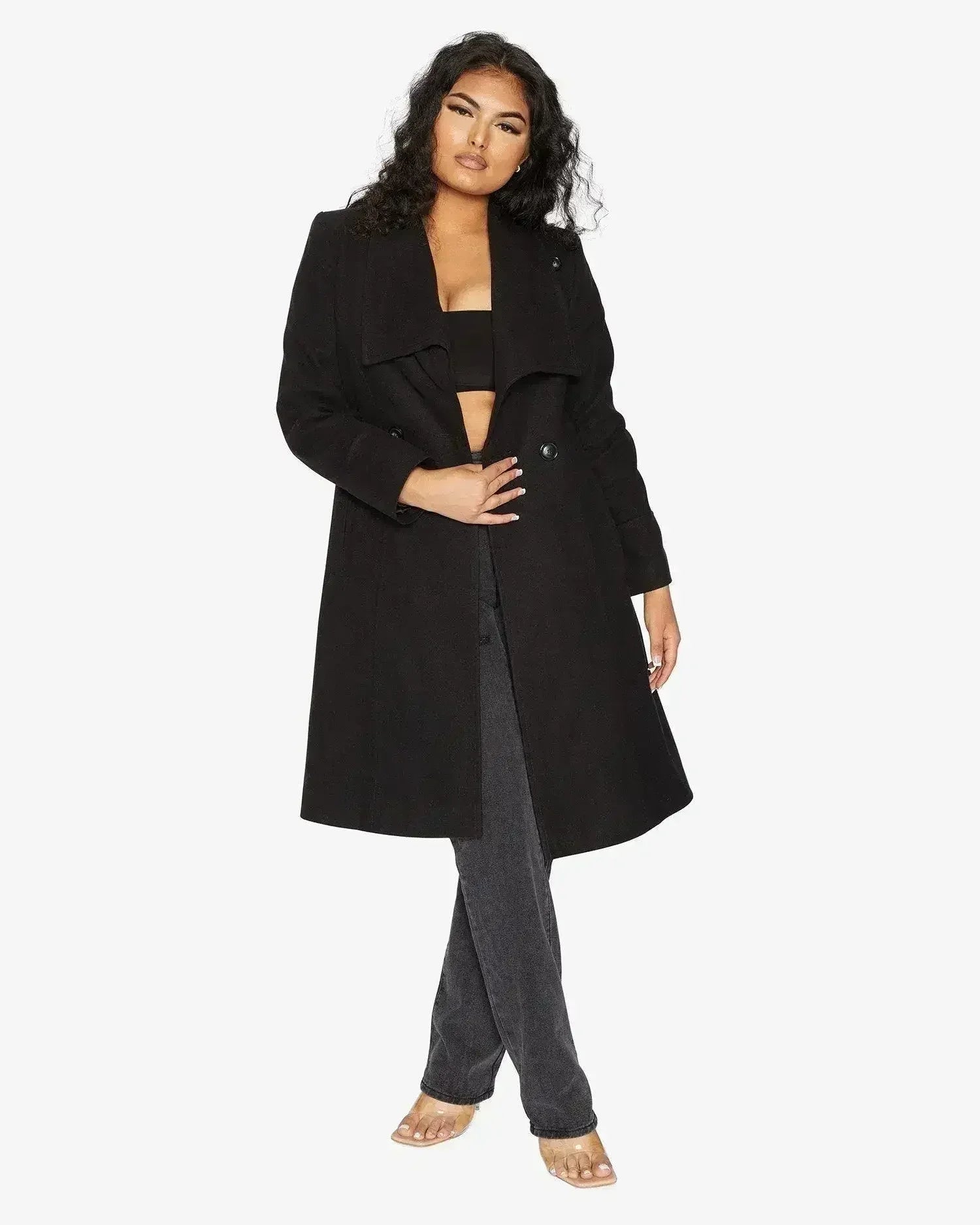 Waterfall Lapel Double Breasted Duster Coat - Femstylo