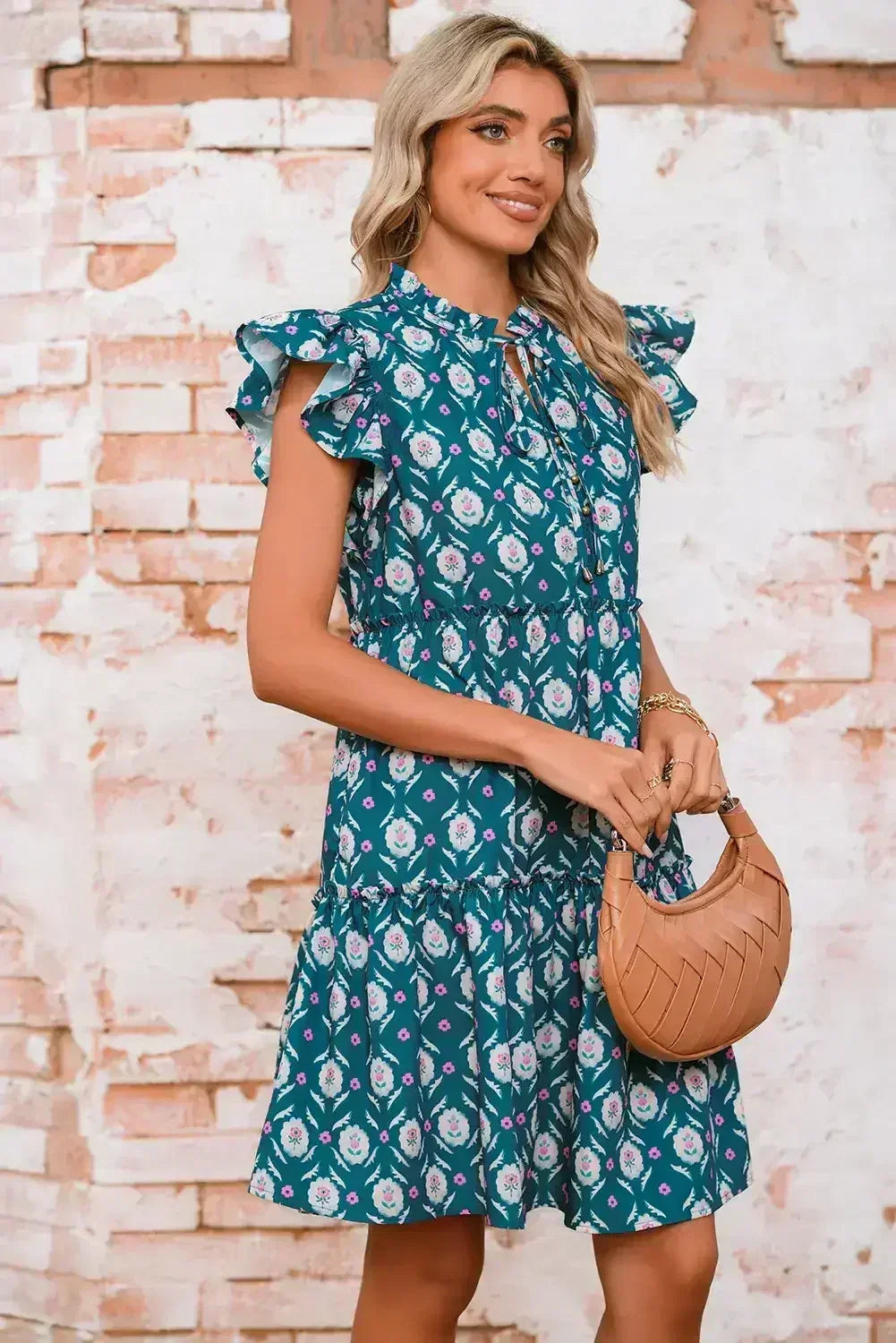 Blue Retro Floral Print Split Neck Ruffle Short Sleeve Dress - Femstylo