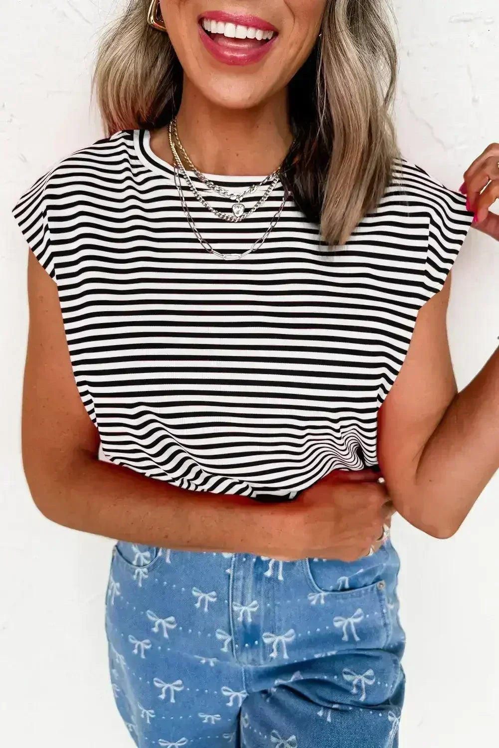 Black Stripe Ribbed Cap Sleeve Round Neck T Shirt - Femstylo