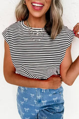 Black Stripe Ribbed Cap Sleeve Round Neck T Shirt - Femstylo