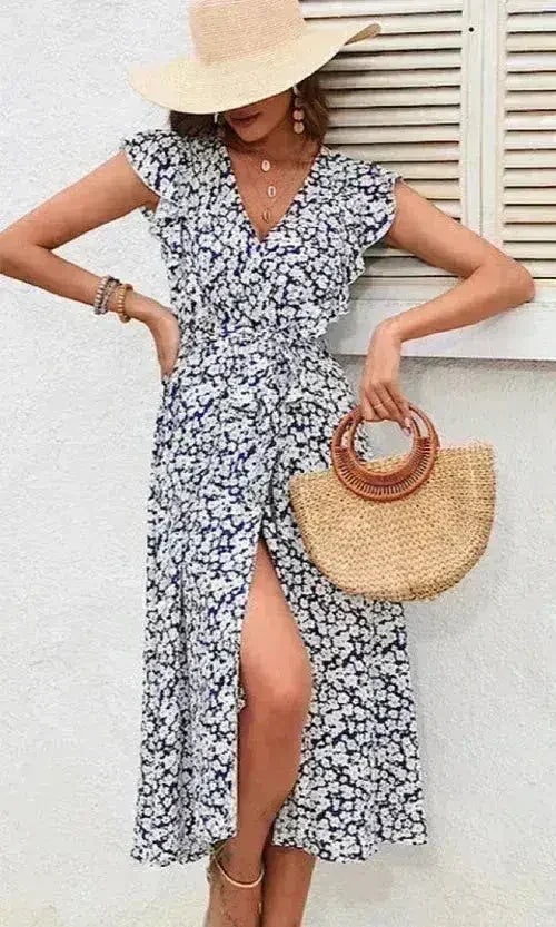 Floral V-Neck Dress – Feminine & Flowy Spring Style - Femstylo