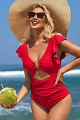Ruffle Sleeve Swimsuit – O-Ring Cutout with Tummy Control - Femstylo
