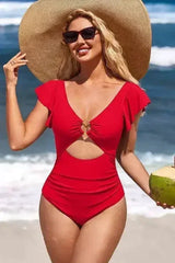 Ruffle Sleeve Swimsuit – O-Ring Cutout with Tummy Control - Femstylo