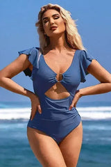 Ruffle Sleeve Swimsuit – O-Ring Cutout with Tummy Control - Femstylo