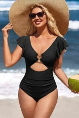 Ruffle Sleeve Swimsuit – O-Ring Cutout with Tummy Control - Femstylo