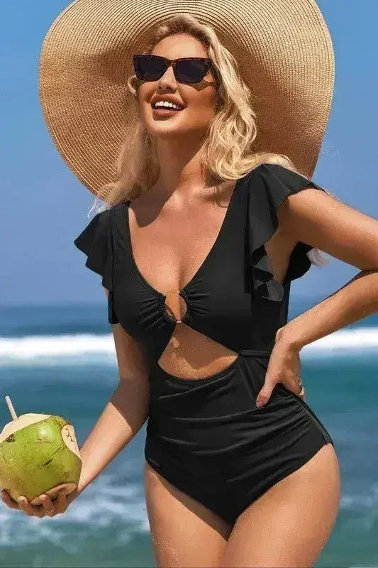 Ruffle Sleeve Swimsuit – O-Ring Cutout with Tummy Control - Femstylo