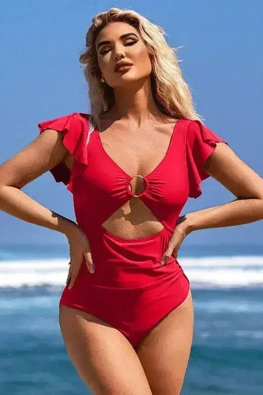 Ruffle Sleeve Swimsuit – O-Ring Cutout with Tummy Control - Femstylo