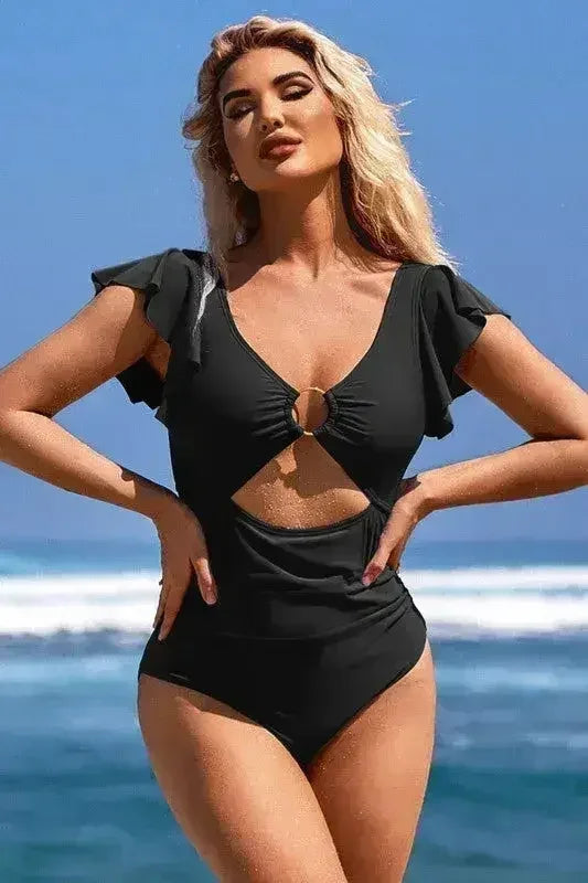 Ruffle Sleeve Swimsuit – O-Ring Cutout with Tummy Control - Femstylo