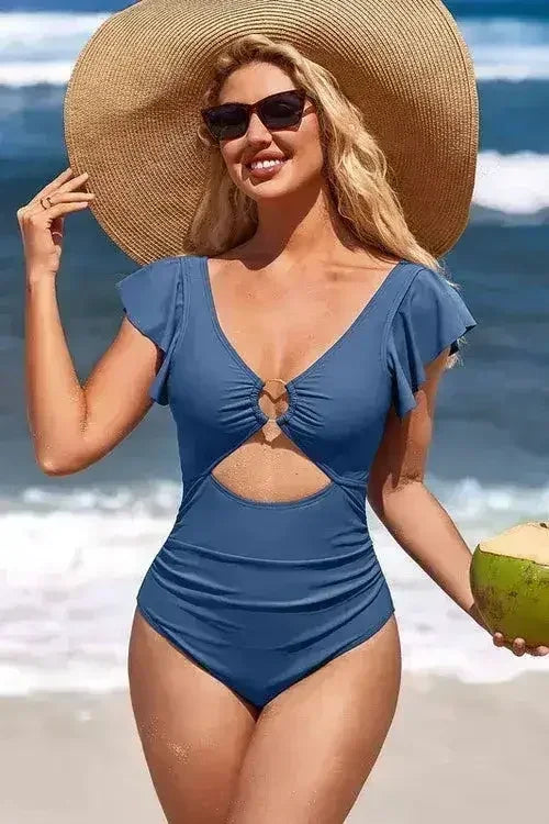 Ruffle Sleeve Swimsuit – O-Ring Cutout with Tummy Control - Femstylo