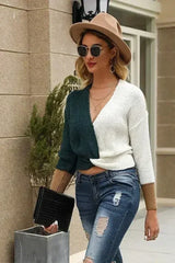 Green and White Batwing Sleeve Sweater - Femstylo