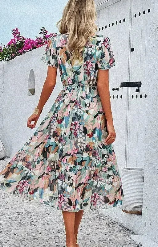 Floral print v-neck dress - Femstylo